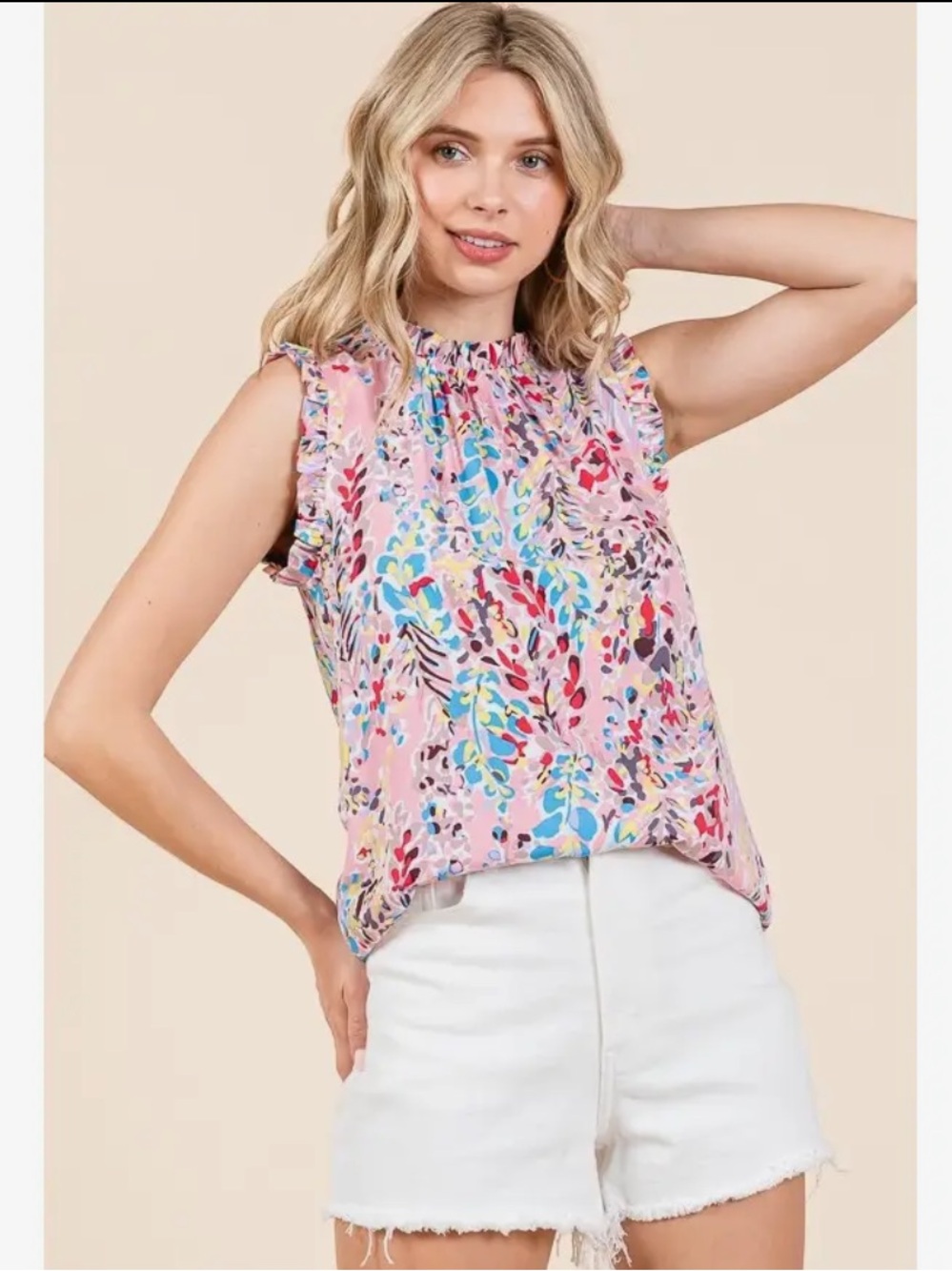 Sleeveless Pink Printed Ruffle-Neck Top - Picture 3 of 5